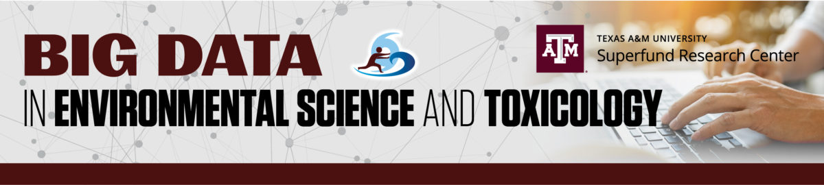 Big Data in Environmental Science and Toxicology is a 2021 seminar series from the Texas A&M Superfund Research Center (heading image with abstract networking graphic and hands on a laptop)